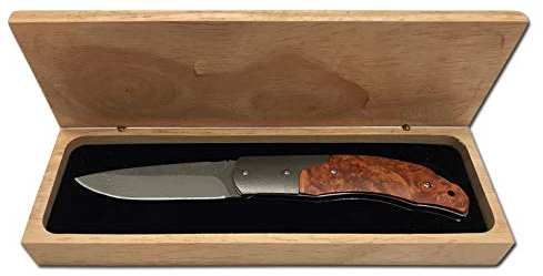 AUSONIA - 26336 COUTEAU DE POCHE DANS UNE BOÎTE EN BOIS AVEC LAME EN ACIER INOX DAMASSÉ ET MANCHE EN ACIER INOX DAMASSÉ AVEC INSERTIONS EN BOIS EXOTIQUE DE 18 CM, LAME 7,5 CM