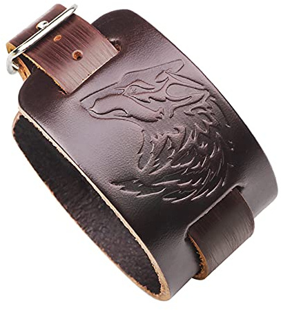 Thajaling Khaki Leder Armband Wolf Kopf Armband Punk Stil Breite Armreif Manschette Armband Armband für Damen und Herren