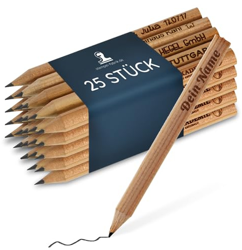 Mini Bleistifte personalisiert mit Gravur, 25 Stück, kurz, Eichenholz | kurze Holzbleistifte mit Wunschtext oder Namen – Lasergravur bis 50x5 mm, für Gastgeschenke, Spiele & Notizblöcke