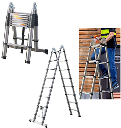 5m(2,5+2,5) Teleskopleiter Ausziehleiter Edelstahlleiter A-Rahmen Klappleiter für Wohnmobil/Dachboden/Büro/Warenhaus Mehrzweckleiter leicht zu tragen 150 Kg Belastbar