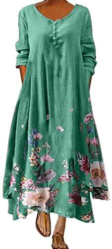 VEMOW Vestido Largo Maxi para Mujer Moda Talla Grande Cuello Redondo, Color Sólido Verano Bohemio Informal Retro de Lino y Algodón Irregular Suelto de Manga Corta Falda Cami con Bolsillos(F T,L)