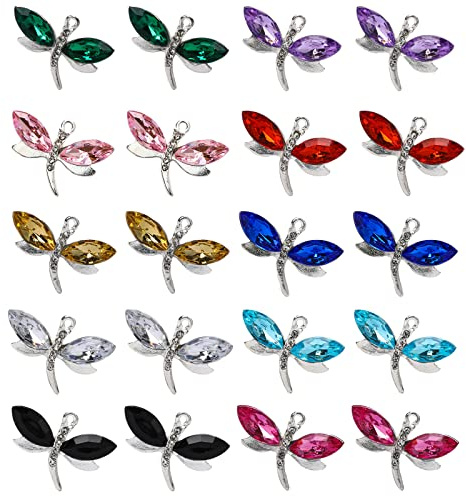 Vin beauty 20 Pcs Dragonfly Charms for Jewellery Making Mixed Color Insect Pendants Alloy Crafting Diy Necklace Bracelet Earring Crafting, Blue, Green, Purple, Rose, White