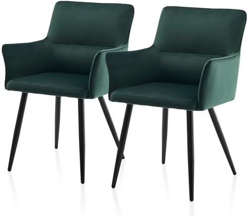 TUKAILAI Esszimmerstühle 2er-Set aus Samt, Modern Polsterstuhl Küchenstuhl mit Armlehnen, Rückenlehne, Polstersitz, Metallbeine,Wohnzimmer-Sessel, Esszimmer Küche, 2 stück Stuhl, Grün