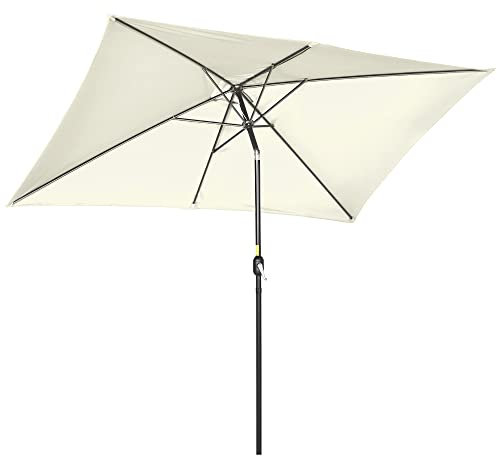 Outsunny Ombrellone da Giardino 2x3 m Inclinabile con Manovella, Ombrellone da Esterno con 6 Stecche in Alluminio e Poliestere, per Cortile, Terrazza e Balcone, Protezione UV, Bianco Crema