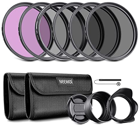 NEEWER Kit de Filtre d'objectif ND 55 mm : UV, CPL, FLD, ND2, ND4, ND8, Pare-Soleil et Capuchon d'objectif Compatible avec Les appareils Photo Reflex numériques Canon, Nikon, Sony, Panasonic avec