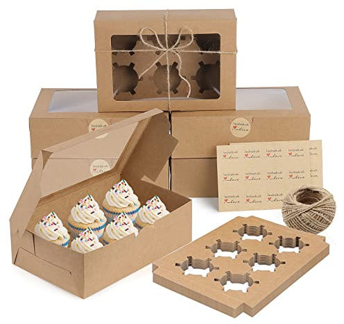 Coolty 20 Stück Cupcake Boxen 6 Löcher Karton Verpackung Boxen Bäckerei Gebäck Boxen mit Fenster und Einsätze für Cookies Muffins Cupcakes Desserts Torten (Braun)