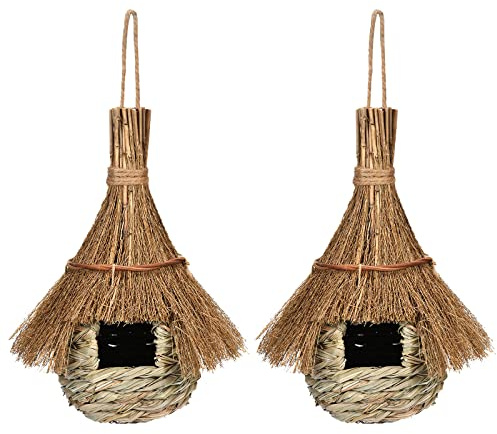 JAWSEU Gras Bird Nest, 2 Pack Vogelhäus zum Aufhängen, Vogelnest Gras Handgewebte Vogelhäuser, Wildvogelnest für den Außenbereich, Nistkästen für Kleine Vögel wie Kolibris, Spatzen und Titten