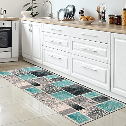 CARPETIA Moderner Küchenläufer Küchenteppich waschbar rutschfest kariert Türkis Blau Creme Grau 80 x 300 cm