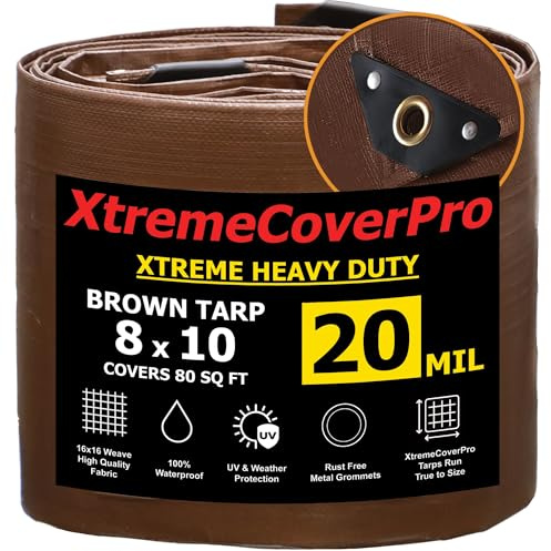8' x 10' Brown Tarp - 20mil | Heavy Duty & Waterproof | UV Protection + Brass Grommets Reinforced Corners Outdoor Storage 8x10 ft Rain Camping Tent Greenhouse roof Leak Ground Cover Leakproof Shed
