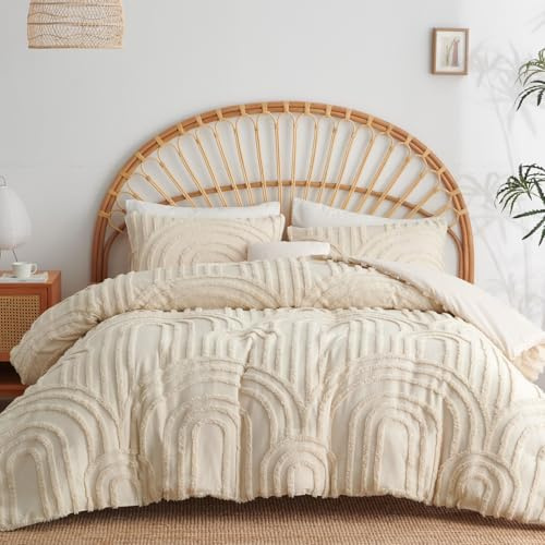 Lanqinglv Boho Bettwäsche 200x220 Beige Getuftet Exquisite Stickerei | ÖKO-TEX Zertifiziert,Geometrisch Chic,für Allergiker,Aesthetic Bettbezug mit Reißverschluss und 2 Kissenbezug 80x80 cm