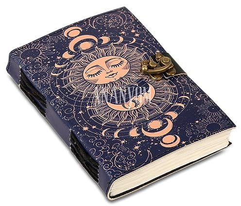 ANANYOM Handmade Leather Journal,Royal Blue,Sun & Moon Vintage Leather Notebook Diary Sketchbook,Brass Clasp Lock Journal for Men & Women, Journal Handmade Unruled 200 Pages, Size 8 (L) x 6 (W) inches