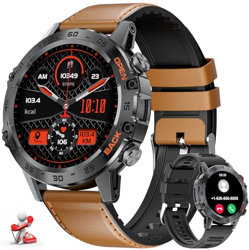LIGE Smartwatch Herren mit Lederband, 1,39 Zoll Militär Smart Watch mit 24/7Herzfrequenz, Blutdruck, Schlafüberwachung für Android iOS, 100+ Sportmodi Fitnessuhr, IP67 Wasserdicht, Telefonfunktion