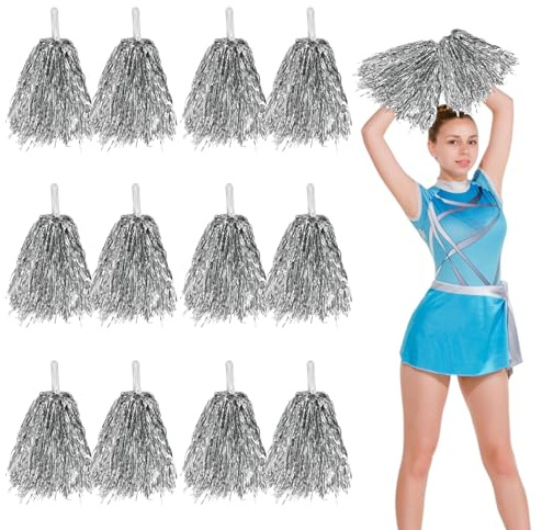 12pcs Cheerleading Pom Poms with Handle Cheerleader Pompoms Metallic Foil Pom Poms Cheerleader Outfit Accessories for Sports Team Spirit Cheering Party Dance Night Party (Silver)