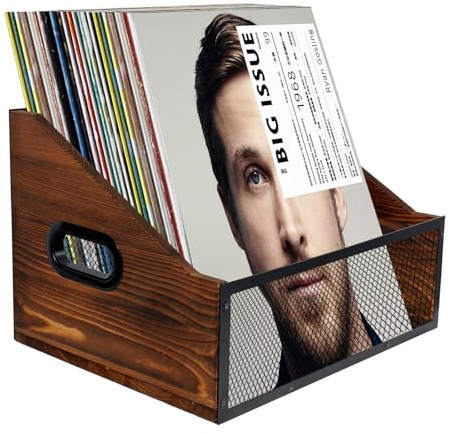 S&H Kaide Vinyl Record Storage, Rustic Record Holder,Record Crates for Vinyl, Pine Wood & Metal Record Box for Display, 60-Record Capacity LP Album Organizer