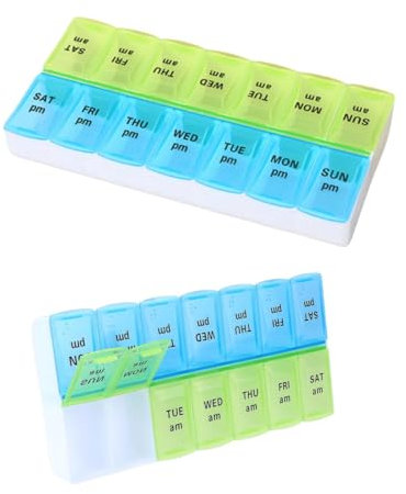 JIIJCAAC 7-Day Pill Box - Pill Boxes 7 Day 2 Times A Day-Daily Medication, Pill Organiser,Tablet Tablet Organiser for Travel (Blue-Green)