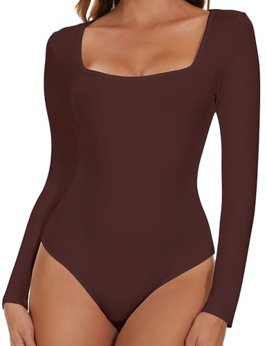 SHAPERIN Bodysuit Långärmad/Kortärmad/Ärmlös Dam Fyrkantig Hals Bodysuit Toppar Elegant Bodysuit Suits Square Neck Kvinnor Sexig, Brun, L