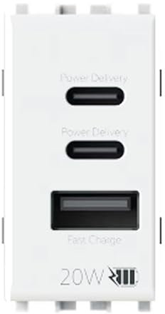 4box - Alimentatore USB CCA 20W compatibile Vimar® Plana™, per caricare i tuoi dispositivi senza alimentatori. 3 connettori: due di tipo C e uno di tipo A. Colore Bianco