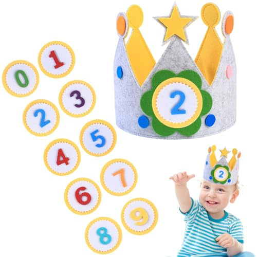 Geburtstagskrone Kinder, Geburtstagskrone Musselin mit Zahlen, Wiederverwendbar Geburtstagskrone für Mädchen Junge, Krone Geburtstag mit Button Zahlen von 0-9, Party Deko Hut für Kindergeburtstag