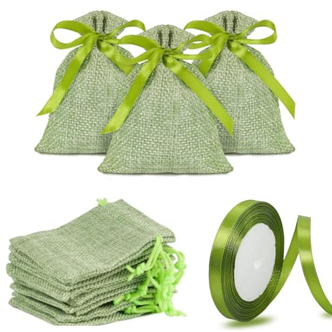 MEISO Lot de 30 sachets de confettis en jute avec ruban de satin pour mariage, baptême, communion, naissance, fête d'anniversaire (vert)