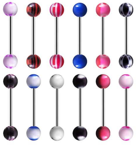 LuLiyLdJ 12 piezas de piercing de lengua de acero quirúrgico, longitud de barra de 14 mm, piercing de lengua de acero quirúrgico
