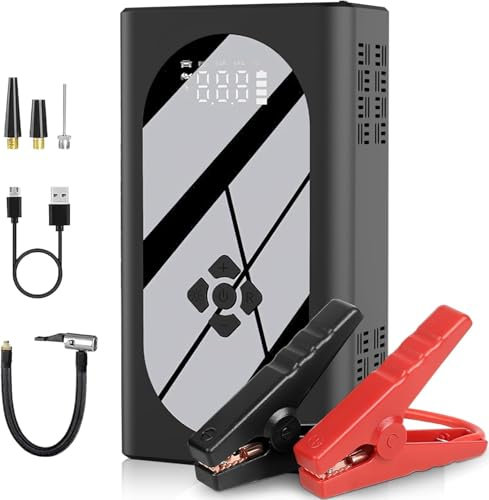 Arrancador de emergencia de coche 3000 A, Booster batería multifuncional 4 en 1, salto de arranque con LED, 12 V arrancador batería de coche con inflador de 150 PSI, pinza de seguridad y pantalla LCD
