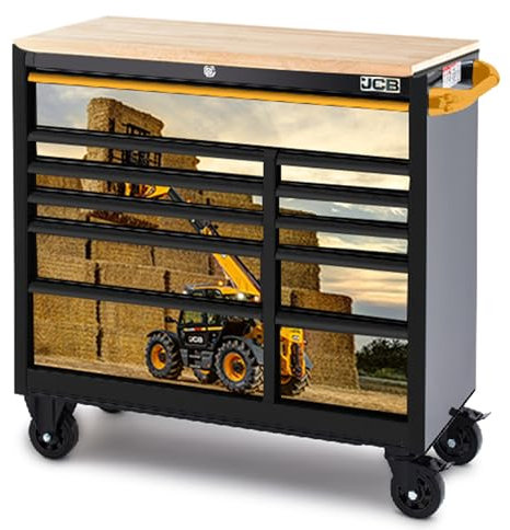 JCB 42’’ Roller Tool Cabinet, 11 Drawers, Steel with Hardwood Worktop and Telehandler Wrap