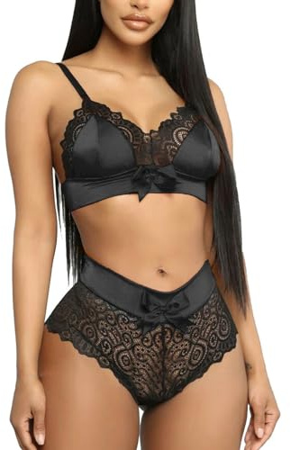 NewBull Conjunto de Lencería Sexy para Mujer en Encaje de 2 Piezas, Sostén y Braguita de Satén, Detalle de Cuello en V, Cintura Alta, Pijama con Lazo, Ropa Interior Femenina, Negro/Rojo, S-L, Negro