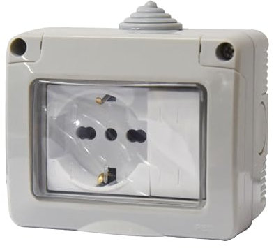 Cassetta Elettrica IP55 Con Sportellino, 3 Moduli Presa Schuko P40 10/16A + Interruttore, Kit Scatola Elettrica Pronta, Montaggio Da Muro Parete Esterno
