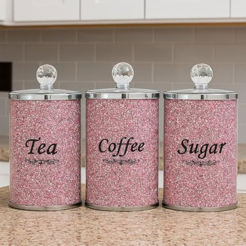 ONE BEST DEAL OBD Pink Glitter Diamond Tea Coffee Sugar Storage Set with Crystal Top Lids Airtight Canisters for Kitchen Counter and Gift Set