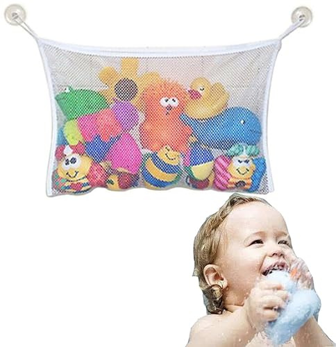 Foysc Bathroom Kids Toy Storage Bag with 2 Suction Cups,Mesh Bath Organizer,Keep your bathroom clean and tidy,Help toys air dry quickly,Removable and durable (White)