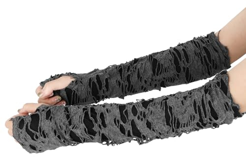 Damen Punk Fingerlose Handschuhe,Schwarze Ripped Gothic Handschuhe,Hexen Kostüm Halloween,Halloween Cosplay Karneval Thema Party Kostümparty Zubehör,Schwarze Punkhandschuhe Spinnennetz Armwärmer