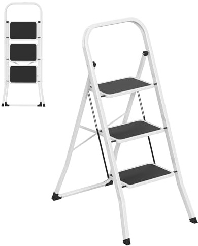 XMTECH Klappbare Trittleiter 3 Stufen, Robuste Metall Stehleiter mit extra Breiten rutschfesten Tritten, Sicherheits-Handlauf & Bodenschutz-Gummikappen, Tritthocker bis 150kg für Haushalt & Büro