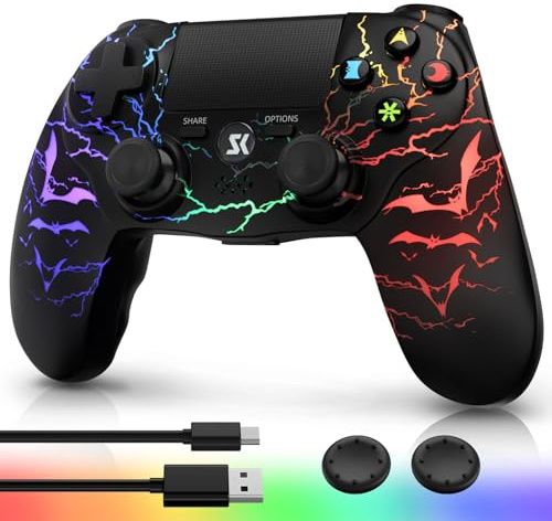 Kujian Wireless Controller for PS4 with RGB LED Modes, Gaming Remote with 1000mAh Battery/Dual Shock/6-Axis Gyro/3.5mm Audio Jack/Speaker, Gaming Controller for Playstation 4/PS3(Black)