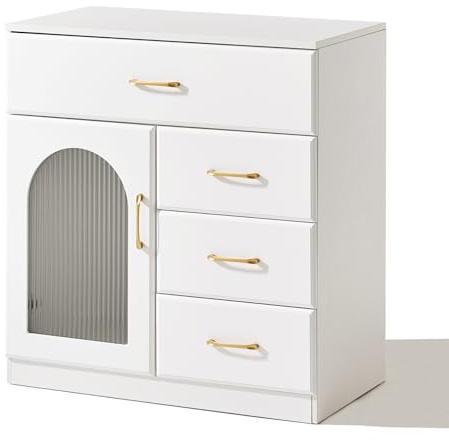 CLIPOP Kommode Weiß mit 4 Schubladen und 1 Tür, 75x40x80.5cm | Sideboard Moderne, Flur Schubladenschrank, für Schlafzimmer, Wohnzimmer, Arbeitszimmer