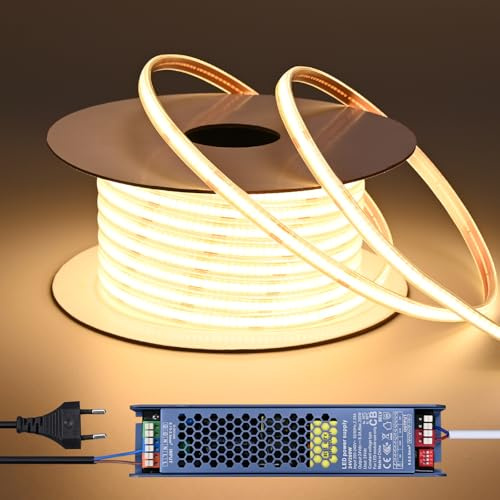 BENLUN 24V COB LED Streifen Aussenbereich Wasserdicht 20m | 3000K Warmweiß LED Strip Outdoor 7W/m CRI 93 Schneidbar mit Netzteil für Zimmer Dekoration und Außen Dekoration Beleuchtung
