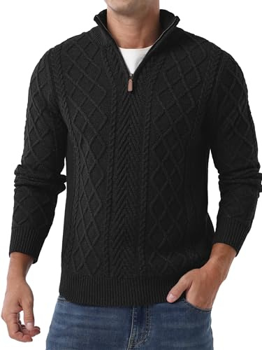 QIXING Men’s Quarter Zip Cable Knit Jumper 1/4 Zip Mock Neck Jumper Casual Long Sleeve Pullover Soft Knitted Tops with Ribbed Edge