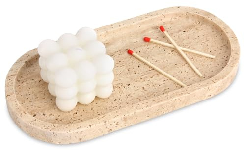 Vassoio Marmo Ovale, Travertino, 25 x 12 cm | Vassoio Portaoggetti Bagno, Organizzazione per Svuotatasche Ingresso, Candele, Profumi, Tessuti, Sapone, Shampoo, Cosmetici