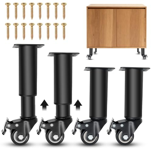 4 Stück Höhenverstellbare FüßE Mit Rollen, 185-260mm Verstellbar Metall Möbelfüße mit Lenkrollen, 360 Grad MöBelbeine Verstellbar mit 16 Schrauben, Kaltgewalzter Stahl Furniture Legs für Schrank Sofa
