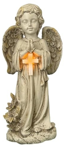 Hbbgdiy Statua di Angelo Solare 12 Pollici Angelo Che Prega in Resina Resistente agli Agenti atmosferici con Croce e Decorazione da Giardino con Luce Solare per Ornamento commemorativo del cimitero