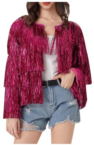 Veste brillante pour femme avec pompons à paillettes - Coupe ample - Blazer de club - Manches longues - Ouverture sur le devant - Blazer décontracté - Tendance - Franges scintillantes - Décontracté