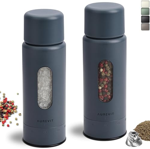 Aurevit Salt and Pepper Grinder Set Manual, Salt and Pepper Mill with Ceramic/Stainless Steel Core, External Adjustable Coarseness, Refillable, Durable (2 Packs, Blue-Grey)