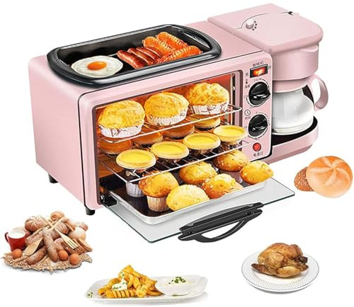 Breakfast Station, Compact Toaster Oven with Coffee Maker, Non Stick Griddle, 2.38 Gallon Bread Oven, Frying Pan for Bread Toast Kitchens & Apartments pink