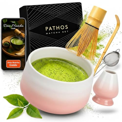 Premium Matcha Set aus Keramik - Traditionelles Matcha-Set mit Matcha Besen und Schale, Sieb und Besenhalter - Macha Tea Set - Matchaset Zubehör Kit ohne Pulver - Whisk Matchabesen (Pink)