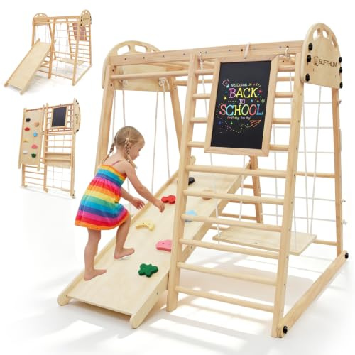 SOFTHOM Klettergerüst Indoor mit Tafel, Klein&Klappbar, 10 in 1 Montessori Indoor Spielplatz Kinder, Sicher Kletterausrüstung mit Schaukel/Rutsche/Kletterdreieck/Kletterwand, Natur&Holz Kinderzimmer