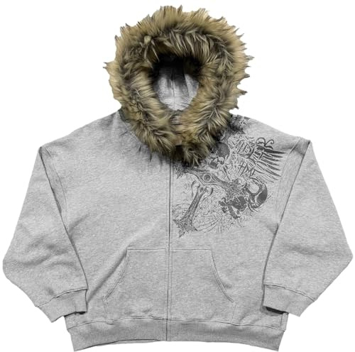 RAOKENSU Felpa con cappuccio in pelliccia da uomo con cerniera Y2k Grunge stile gotico Emo, felpa con cappuccio autunno inverno streetwear anni 2000 vintage con cappuccio Halloween