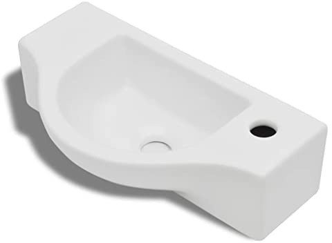 Foknhdi Lavabo en céramique blanc - Lavabo mural avec trou de robinet et trou de vidange - Petit lavabo pour salle de bain, WC d'invités et salle de maquillage - 450 x 250 x 120 mm