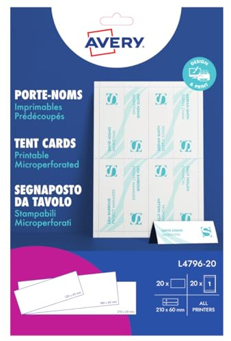 Avery L4796-20 Printable Place/Tent Cards, 1 Card Per A4 Sheet, White