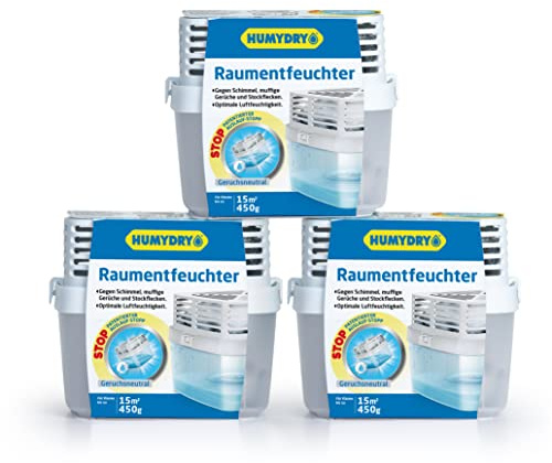 HUMYDRY® Luftentfeuchter 3er-Set Premium 450g | Absorbiert Feuchtigkeit in mittelgroßen Räumen | Sorgt für ein optimales Feuchtigkeitsgrad | Vermeidet Kondensation, Schimmel