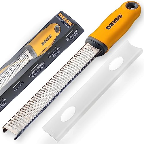 Deiss PRO Citrus Zester & Cheese Grater — Parmesan Cheese Lemon, Ginger, Garlic, Nutmeg, Chocolate, Vegetables, Fruits - Razor-Sharp Stainless Steel Blade, Wide, Dishwasher Safe