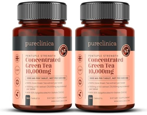 Pureclinica Hochwirksamer grüner Tee 10.000 mg x 360 Tabletten (2 Flaschen mit 180) – Vorrat für 12 Monate
